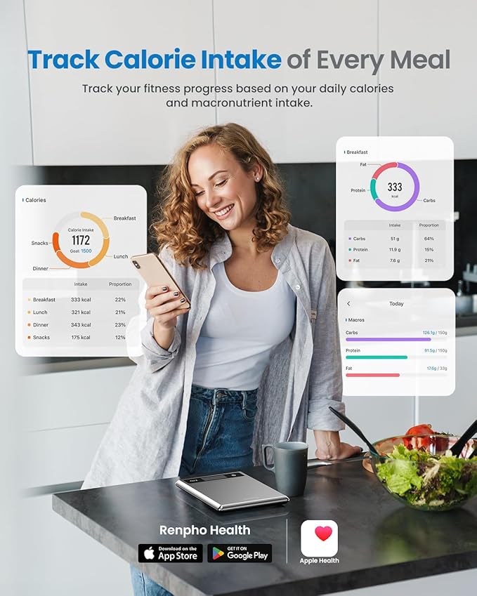 RENPHO Smart Food Kitchen Scale, Food Weight Scale with Nutritional Calculator, Digital Food Scale Grams and Ounces for Weight Loss, Calorie, Macro and Cooking, Stainless Steel