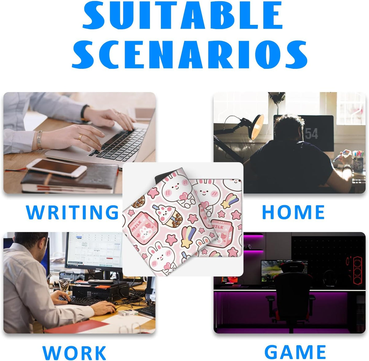 Desk Mat, Pink Kawaii Rabbit Extended Gaming Mouse Pad Large, 31.5"x11.8" Big Mouse Pad with Non-Slip Base and Stitched Edge, Long Computer Keyboard Mouse Mat for Home Office Work