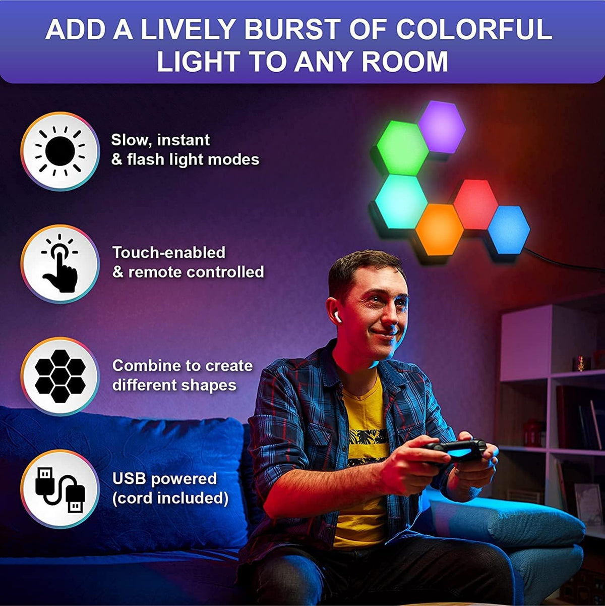 Hexagon LED Lights with Remote Control, Hexagon Wall Lights RGB Gaming LED Lights for Gaming Setup Touch Sensitive, DIY Geometry Modular LED Light Panels for Gaming Room Bedroom Streaming, 10 Pack