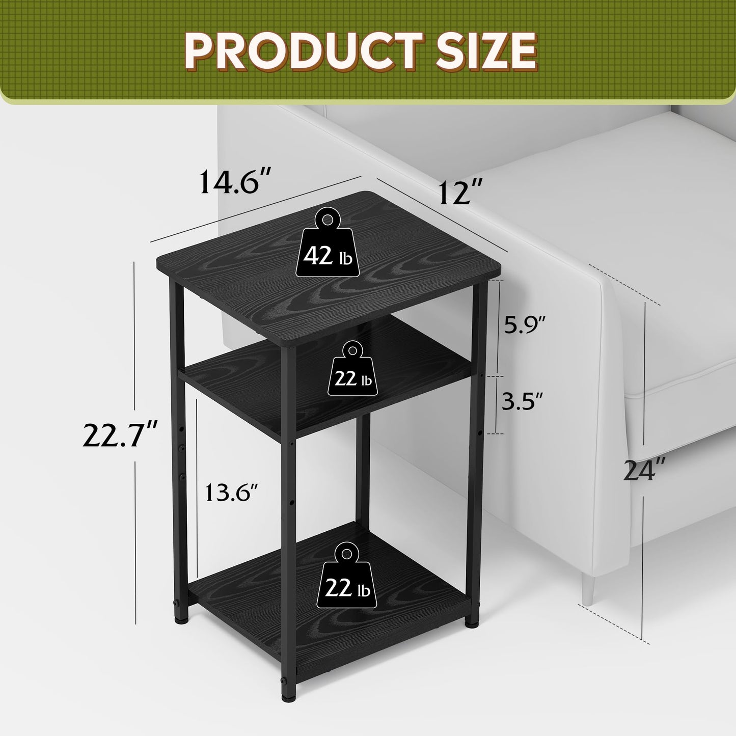 WLIVE End Tables Living Room Set of 2, Black End Table for Two, Narrow Side Table for Bedroom, Home Office, Small Spaces, 3-Tier End Table for Couch, Sofa, Bed