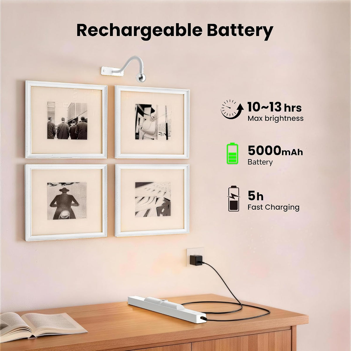 Rechargeable Picture Light for Wall Art White - 3 Color Temperatures,Remote Control & Adjustable Angle Wall Mount Battery Operated Wall Light for Paintings,Gallery,Frames,Photos (13H Runtime, 350LM)