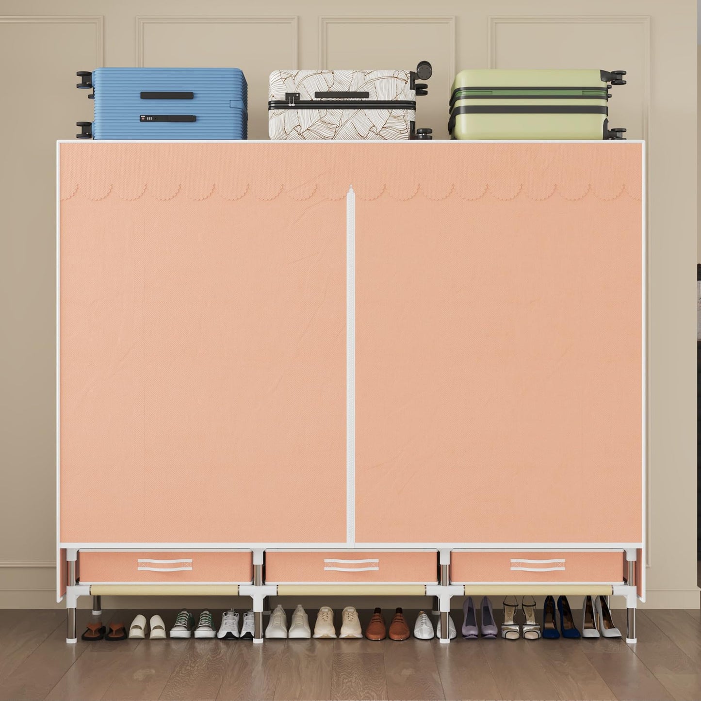 LEAIJIAFY Portable Armories Wardrobe, 65" Tall, Metal Frame with Cute Pink Non-Woven Cover, 3 Hanging Areas, Drawers and Shelves,for Small Room Clothing Storage