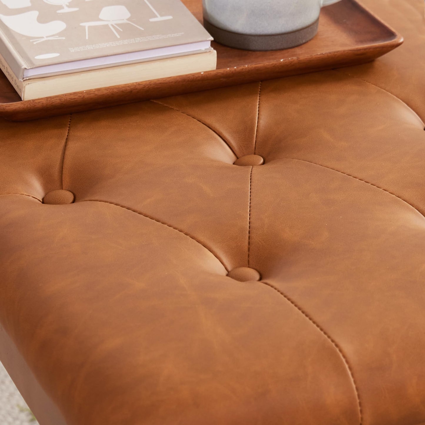 MILCIL Ottoman Bench Upholstered Padded Seat with Solid Wood Legs and Button-Tufted, Big Oversized Ottoman, Faux Leather Cognac Brown