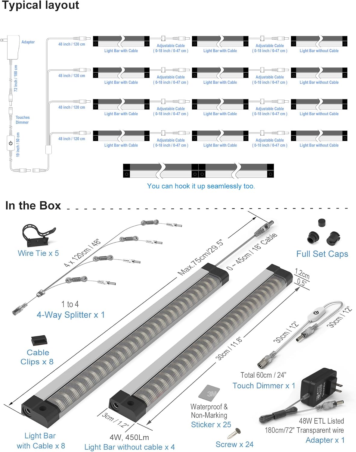 EBD LED Under Shelf Lights, 4-Way Splitter Light Bar, 12-Panel Cabinet Lighting, 4500K 5400Lm Counter Lights with Slack-Free Wiring, Maximized for Spacious 4-Layer Showcase, Bookcase & Storage Rack