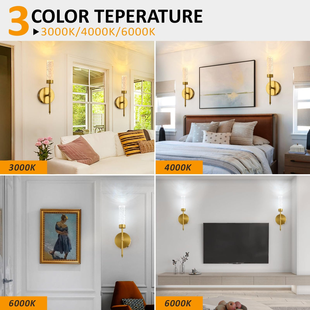 TPSHPTS LED Wireless Wall Sconce with Remote Control (Set of 2), USB Rechargeable Battery Operated Wall Lamps, 3 Colors Dimmable Wall Lights for Bedroom Hallway, Gold