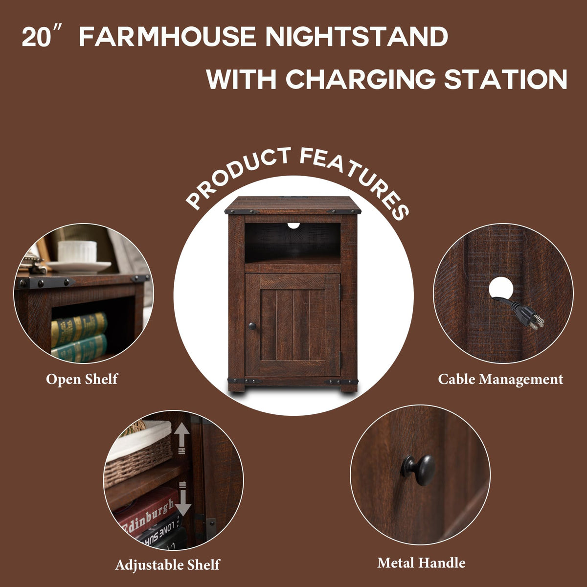 IFGET Nightstand with Charging Station, 20" Farmhouse End Table w/Groove Barn Door, Rustic Wood Sofa Side Bedside Table w/Open & Adjustable Shlef for Bedroom, Living Room, Brown