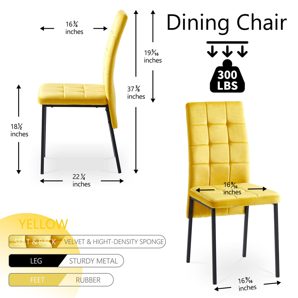 NORDICANA Upholstered Velvet Dining Chairs Classic Kitchen High Back Chairs Set of 4, Featured Dovetail Tufted Side Chairs, Black Metal Legs, Yellow
