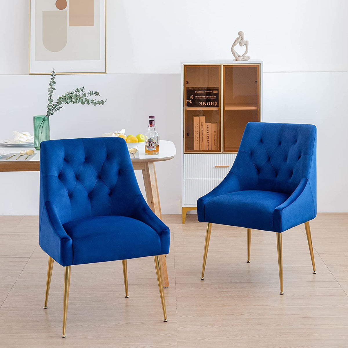 LONXIU Modern Dining Chair Set of 4, Mid-Century Room Chair, Upholstered Comfortable Velvet with Back Pull Rod and Metal Legs for Kitchen, Dining, Living (Blue) (DYXSD)