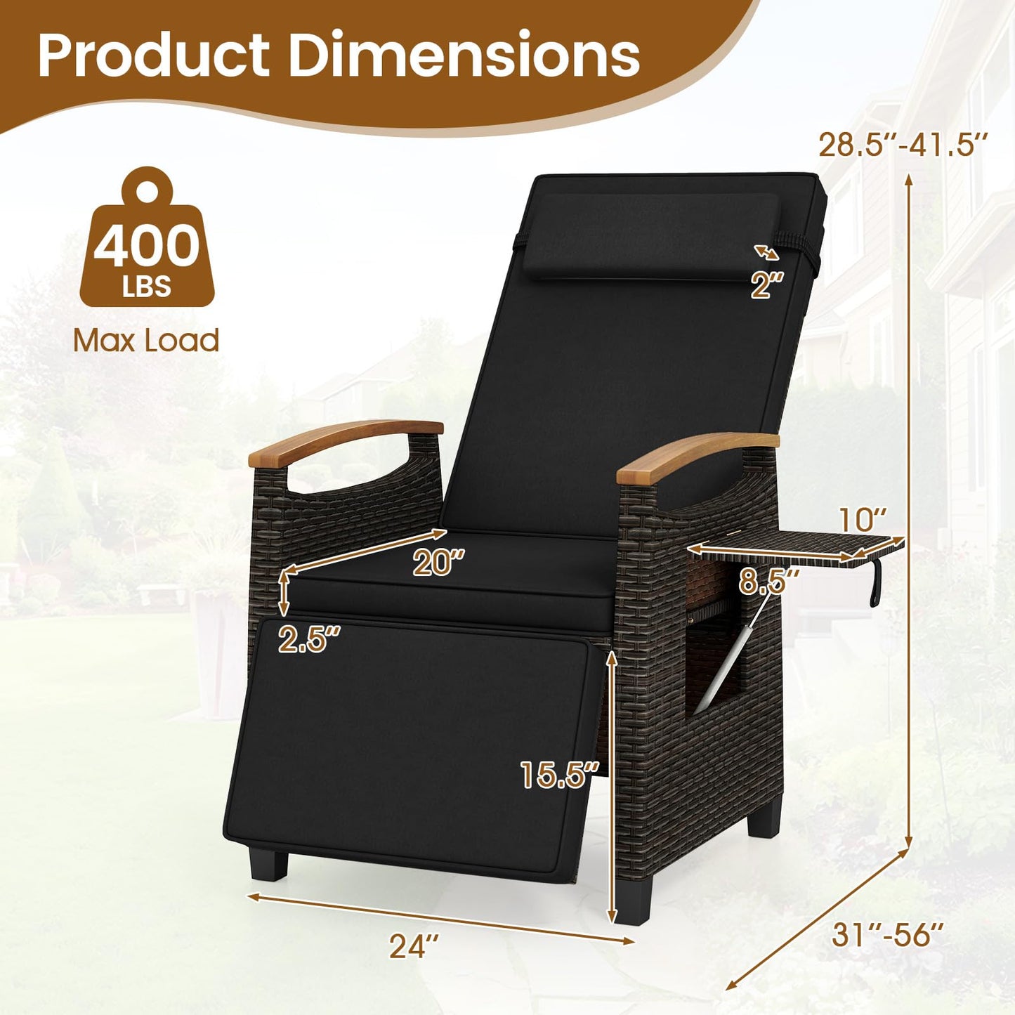 HAPPYGRILL Outdoor Rattan Wicker Chaise Lounge Recliner Chair with Adjustable Backrest & Footrest, Push Back Outside Seat w/Cushion & Flip Table for Backyard, Porch, Balcony (Black,1)