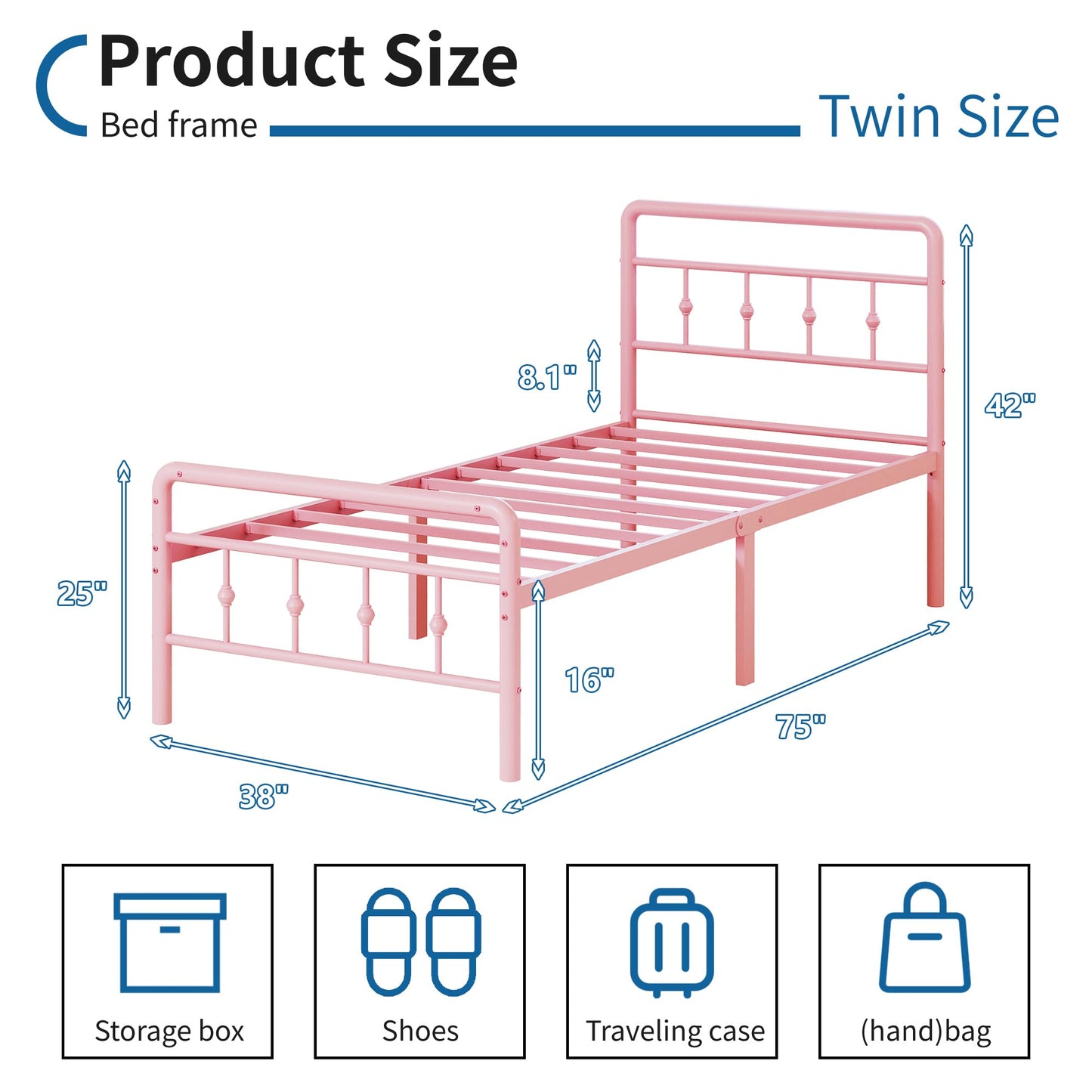 DiaOutro Classic Metal Platform Pink Twin Bed Frames with Headboard and Footboard, 16 Inch No Box Spring Needed Heavy Duty Victorian Style Iron-Art Mattress Foundation/Under Bed Storage