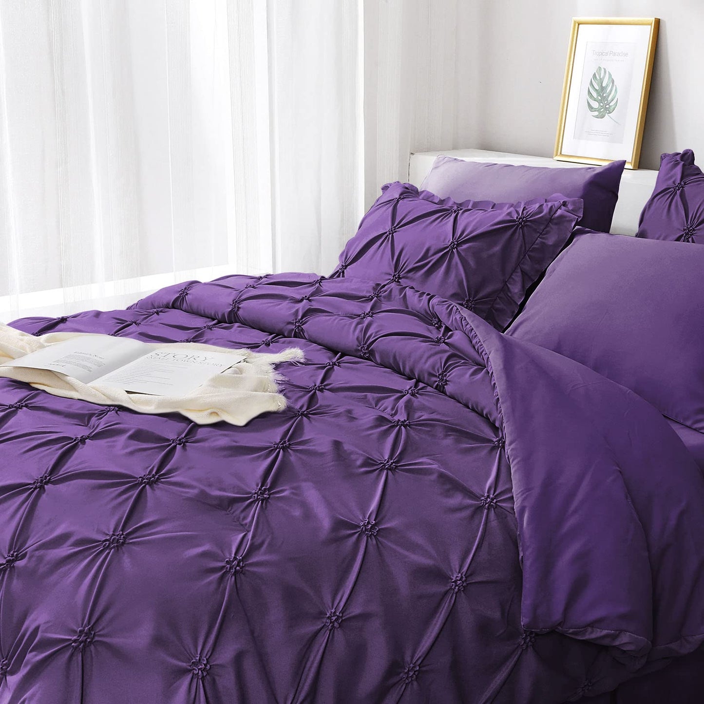 JOLLYVOGUE Purple Twin Size Comforter Sets 5 Pieces, Pintuck Bed in a Bag Comforter Set for Bedroom, Bedding Comforter Sets with Comforter, Sheets,Ruffled Shams & Pillowcases