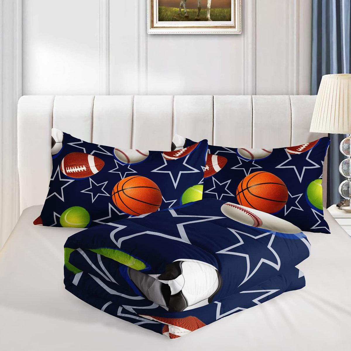 BailiPromise Boys Sports Comforter Set Queen Football Baseball Basketball Soccer Tennis Bedding Set for Teens Kids Blue Star Comforter 3 Piece Bedroom Decor 2 Pillowcases Lightweight Microfiber
