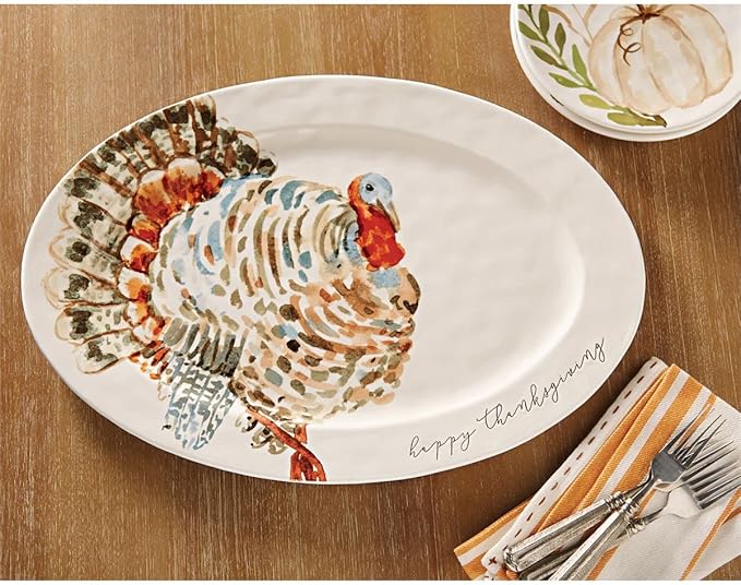 Mud Pie Watercolor Turkey Platter, White, 14"" x 20 1/2"
