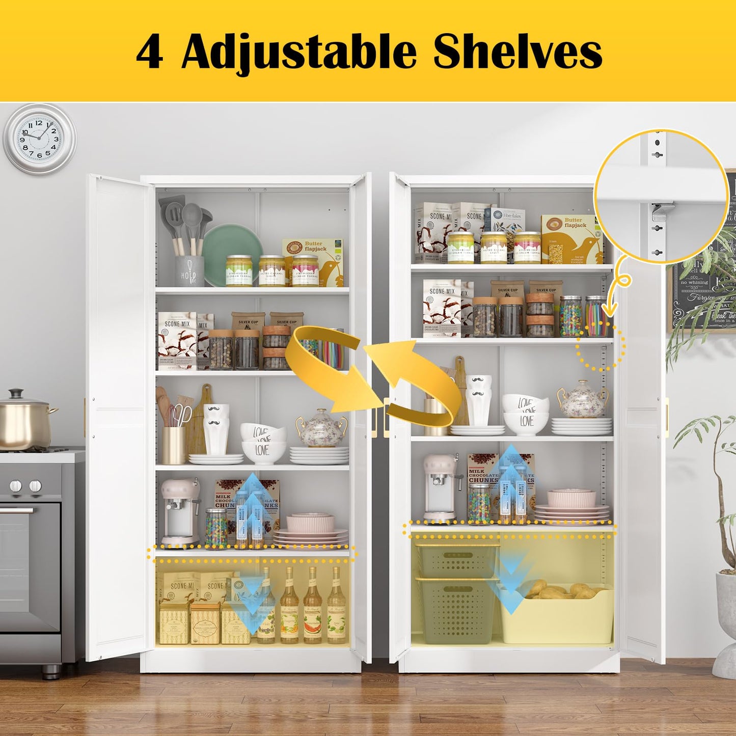 Kitchen Pantry Cabinet,71”White Metal Pantry Storage Cabinet with Doors and 4 Adjustable Shelves,Kitchen Cabinet with 2 Gold Handles,Tall Cabinet for Livingroom,Pantry, Bathroom,Kitchen