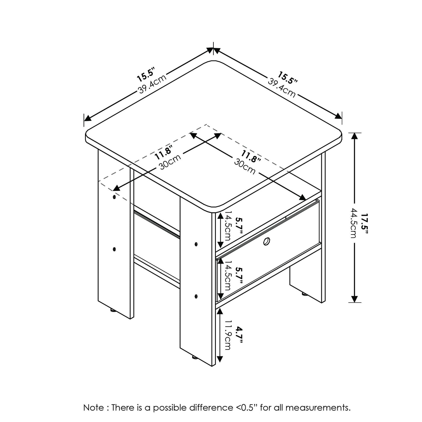 Furinno Andrey Set of 2 End Table / Side Table / Night Stand / Bedside Table with Bin Drawer, Dark Brown/Black