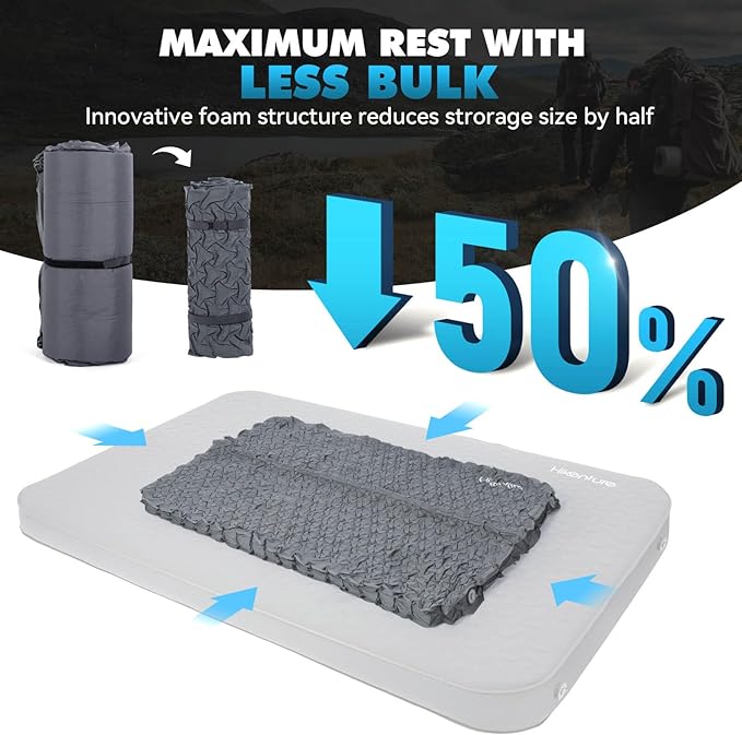 Hikenture 4" Thick Self Inflating Sleeping Pad, Ultralight Foam Camping Mattress 2 Person, 9.5 R-Value Insulated Sleeping Mat with Pump Sack, Portable Double Camping Pad for Tent, Car, Truck