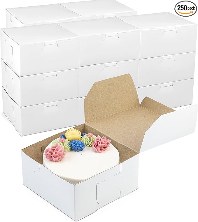 Fit Meal Prep 250 Pack White Bakery Boxes, 6 x 6 x 3 Inches Kraft Lined Pastry Boxes for Cupcakes, Chocolates, Donuts & Macarons