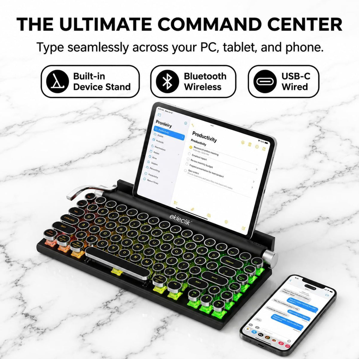 Retro Typewriter, Wireless Mechanical Keyboard with Blue Switches & Backlit