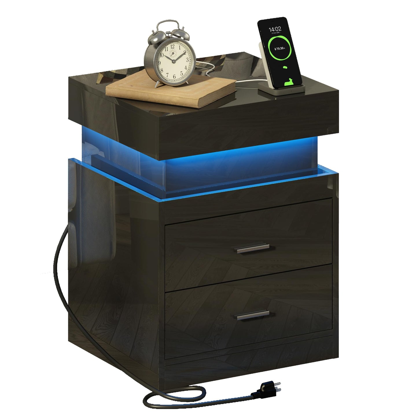 ChooChoo LED Nightstand with Charging Station,Smart Night Stand with Sliding Top Storage, 2-Drawers High Gloss Bedside Table, Modern End Table for Bedroom,Black