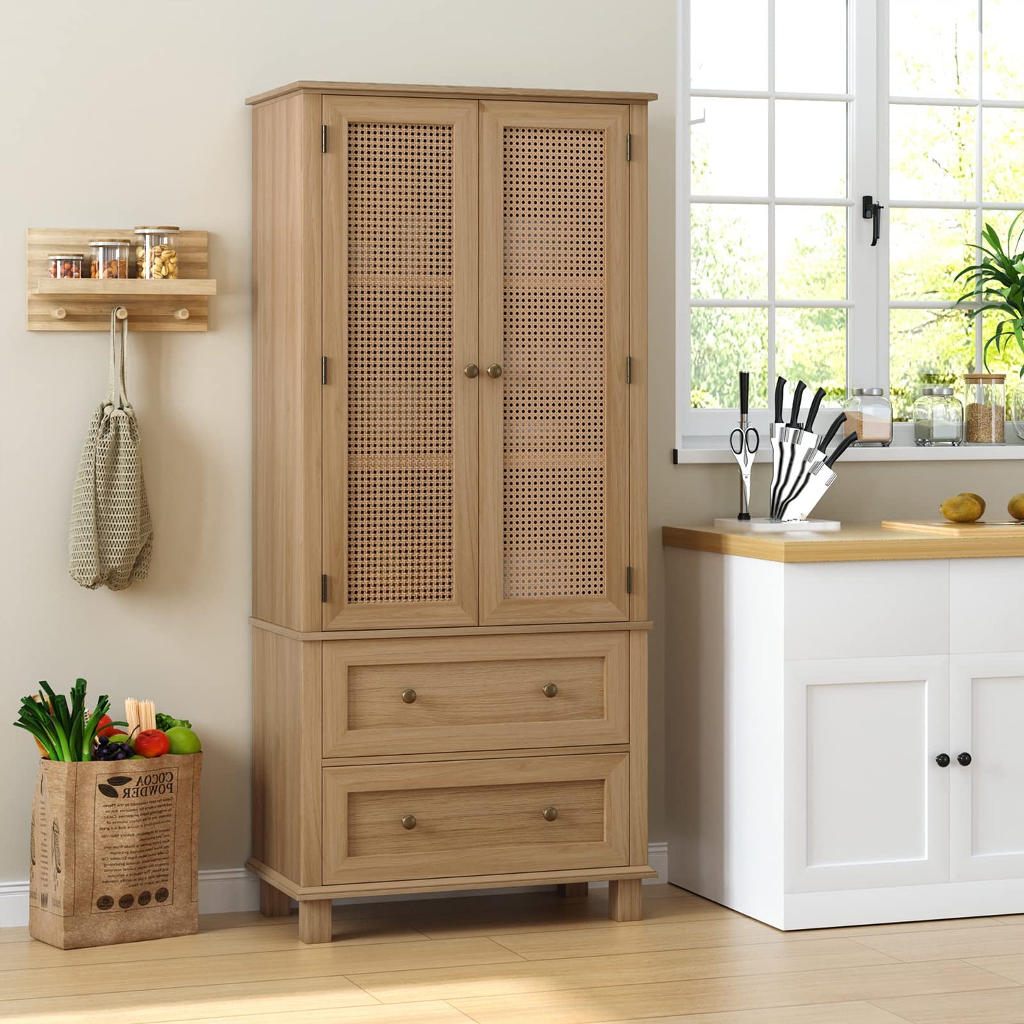 FOTOSOK Kitchen Pantry Storage Cabinet, Tall Cabinet with Rattan Doors and 2 Drawers, Freestanding Cupboard Adjustable Shelves, Utility for Kitchen, Dining Room (AZ-130)