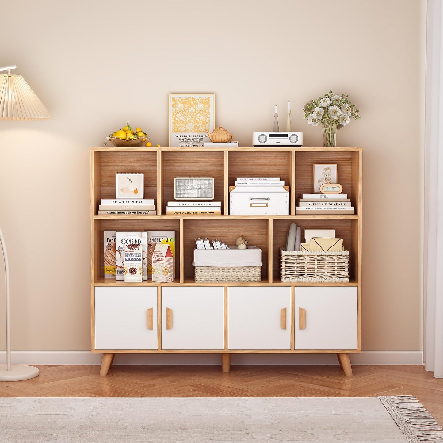 OSCHF Cubby Shelf Bookcase with Doors - Wooden 11 Cube Floor Standing Open Bookshelf with Solid Wood Legs, 3-Tier Storage Cabinet, Oak and Warm White