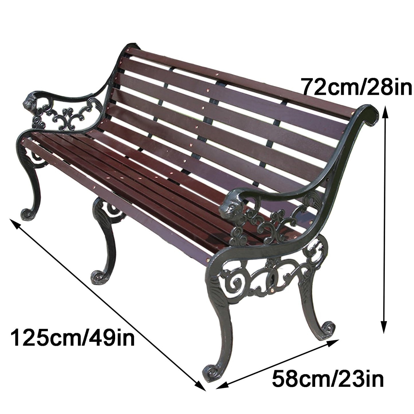 YLLSMGS Outdoor Benches Patio Garden Bench with Rust Resistant Cast Iron Frame with Backrest and Armrests for Backyard Lawn(Brown,125cm/49in)