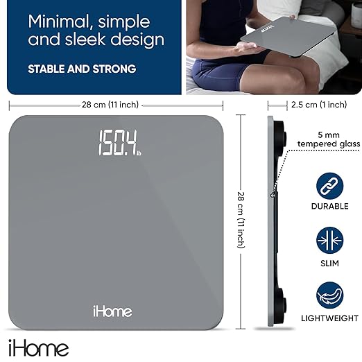iHome Digital Scale, Bathroom Scale, Batteries Included, Scale Body Weight, Weight Scale, Digital Scale, Bathroom Scales for Weight, Digital Scales for Body Weight, Weight Scales Bathroom (Grey)