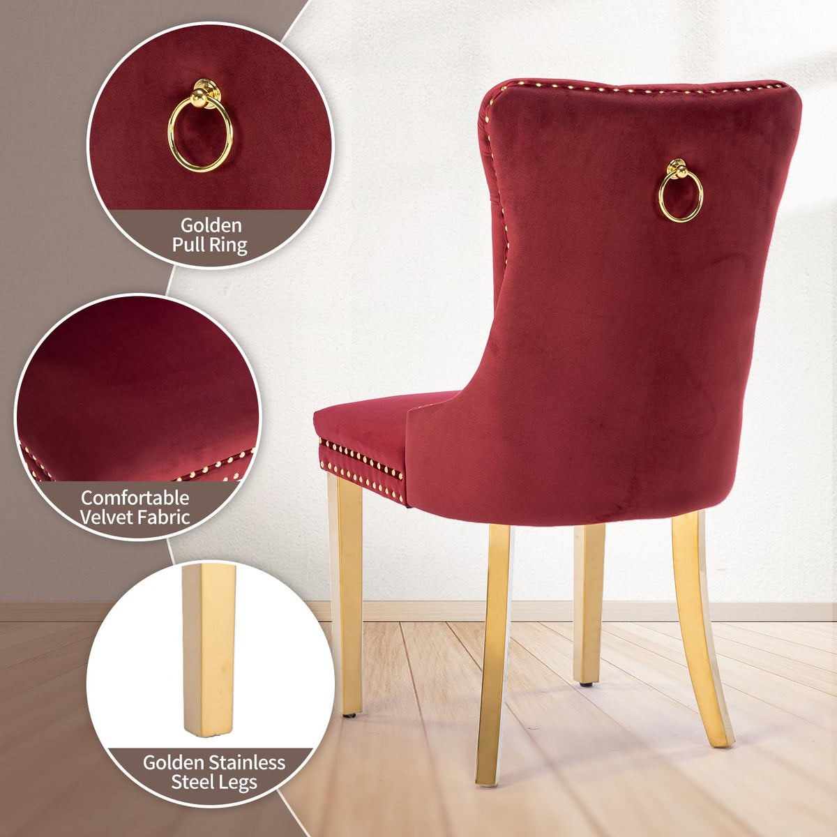 MZDOO Velvet Dining Chairs Set of 6, Tufted Upholstered Dining Room Chairs with Back Ring Pull, Nailhead Trim and Golden Legs, Modern Dinning Chairs for Dining Room, Kitchen(Wine Red)