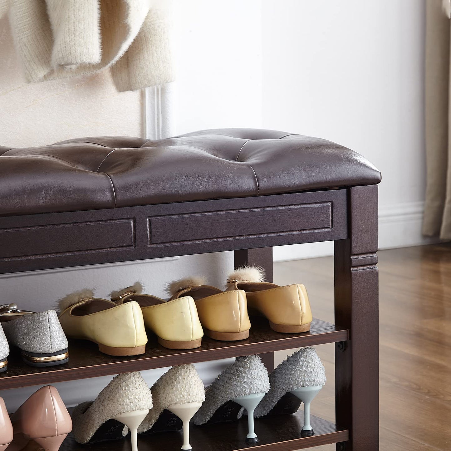 HOOTSMALL Shoe Storage Bench with Cushion, Entry Bench with Storage Solid Wood Shoe Bench Ideal for Entryway Living Room and Corridor (Brown, 31.5'')