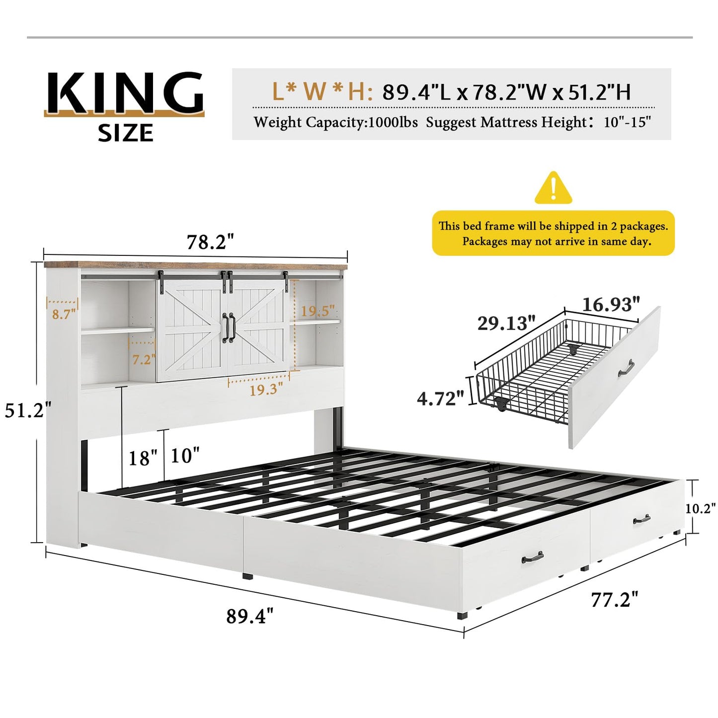 VanAcc Farmhouse King Bed Frame, Wooden Platform Storage Bed with 51.2" Bookcase Headboard, 2 Drawers, Charging Station/No Box Spring Needed/Noise Free, White