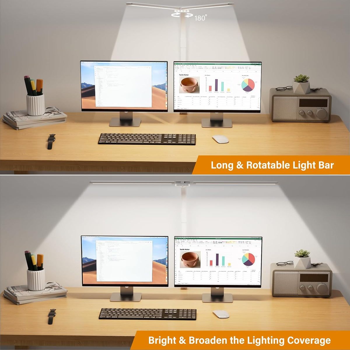 SIBRILLE LED Desk Lamp for Home Office - Dimmable Computer Desk Light with Clamp, Modern Architect Task Lamp with Color Changing, Flexible Desktop Lamp with Gooseneck for Monitor, Double Head, White