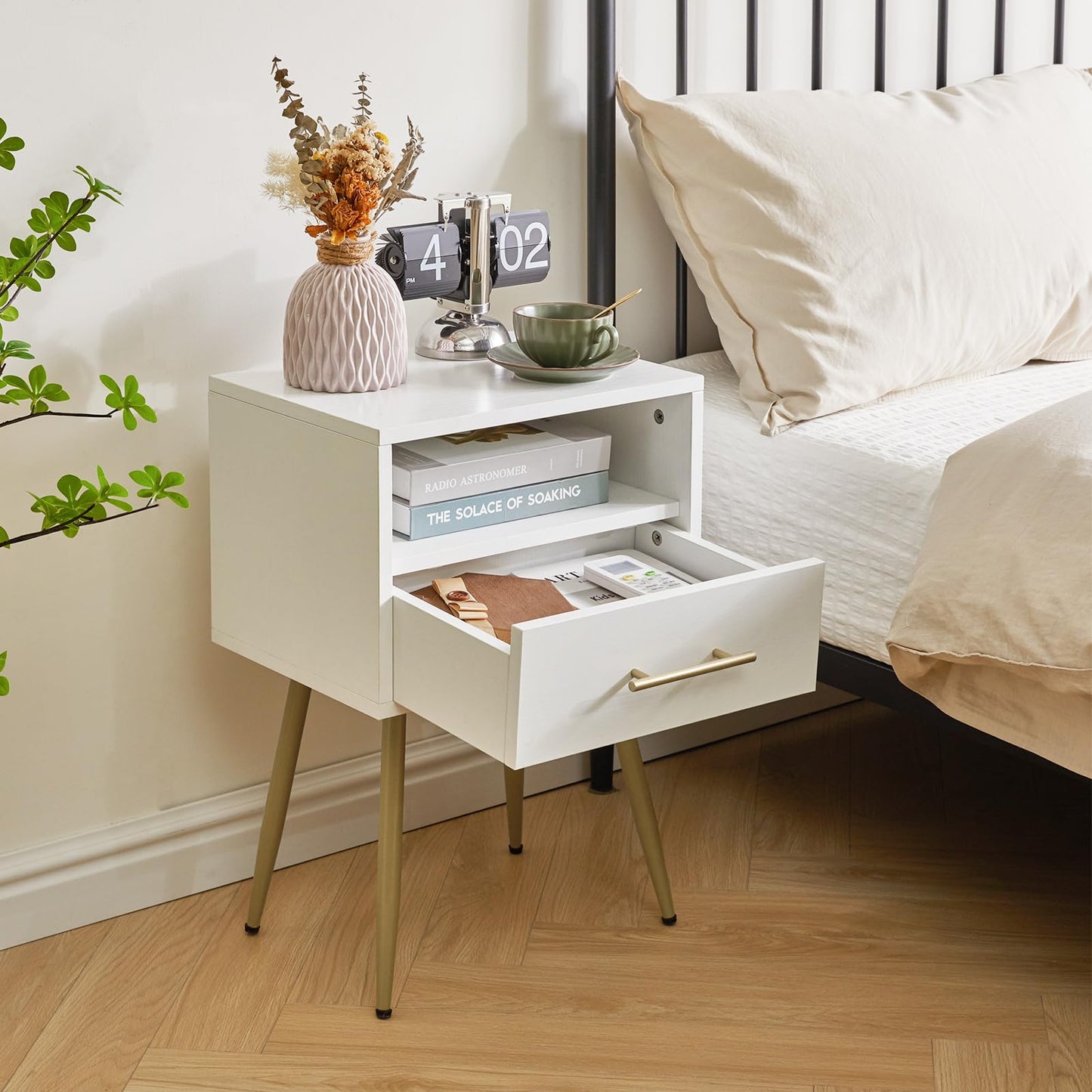 IBUYKE Nightstand, Mid Century Modern Night Stand, Bedside Table with Drawers and Open Storage Shelf, End Side Table with Metal Legs, for Bedroom, Small Spaces, White UWNS004W