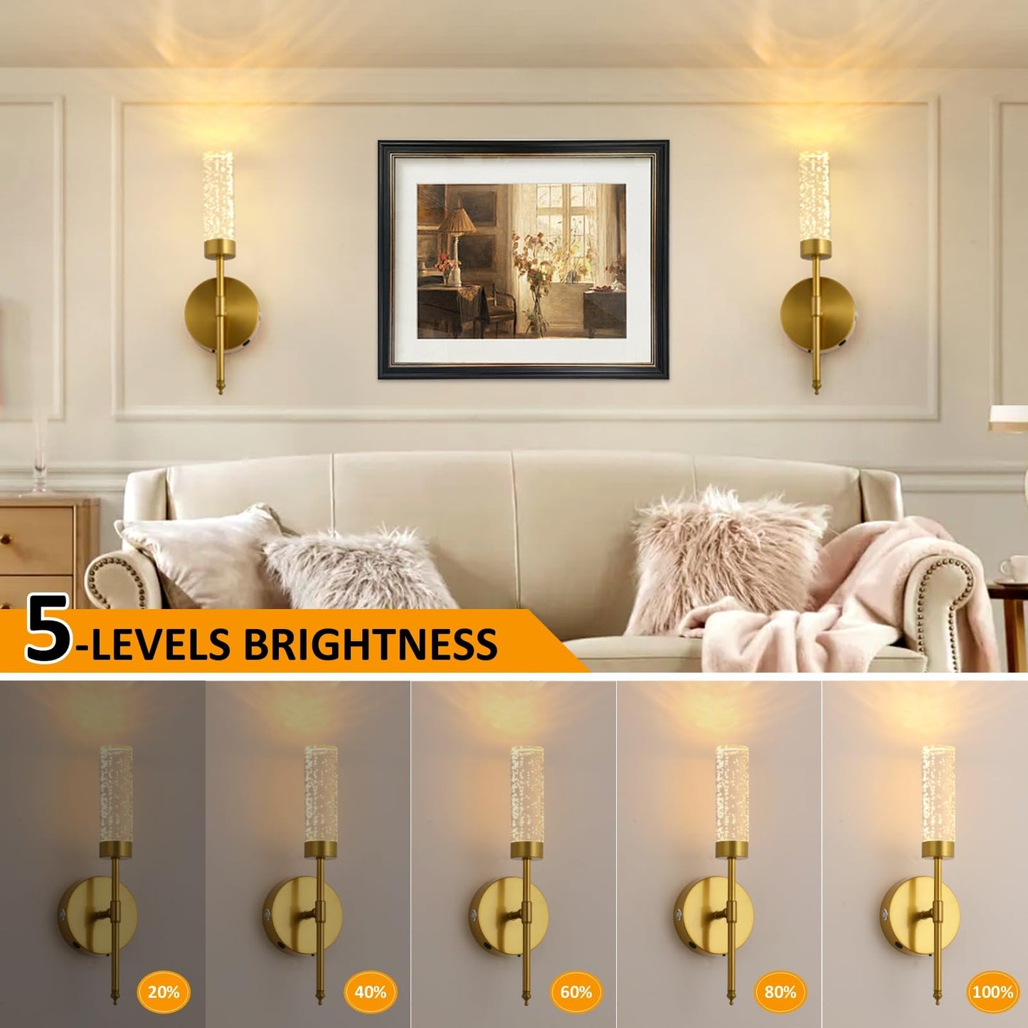 TPSHPTS LED Wireless Wall Sconce with Remote Control (Set of 2), USB Rechargeable Battery Operated Wall Lamps, 3 Colors Dimmable Wall Lights for Bedroom Hallway, Gold