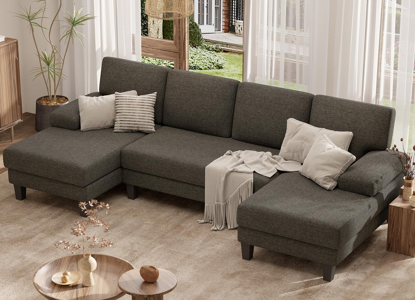 Luxanimarion U-Shaped Sectional Sofa Couch for Living Room, Modern Modular Sofa with Double Chaise, Classic Lounge Couch Sleeper for Apartment, Darkbrown