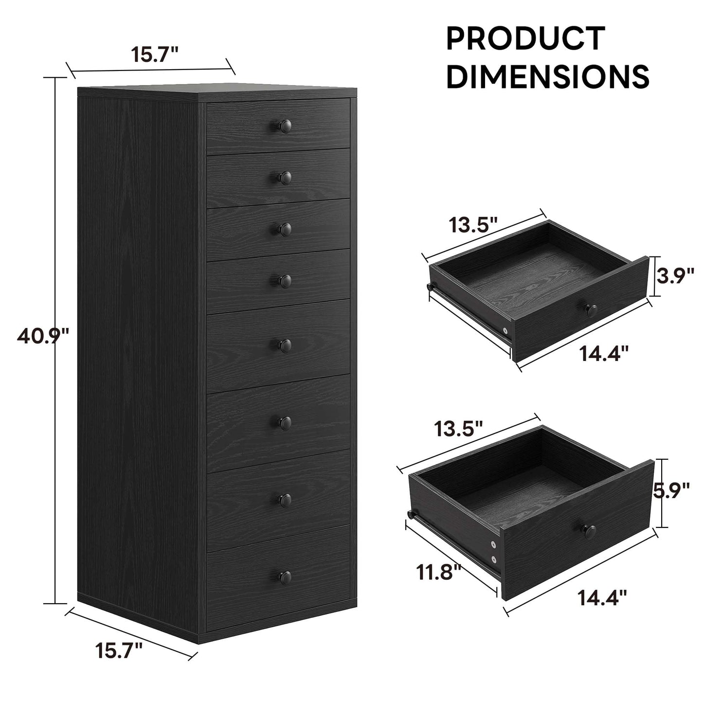 LIKIMIO 8 Drawer Dresser, Small Dressers with Storage Drawers, Chest of Drawers for Bedroom, Tall Narrow Dresser for Organizers, Black