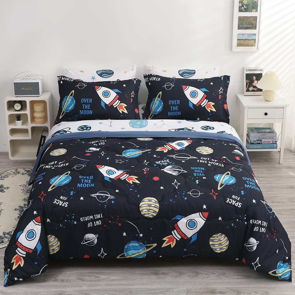 Wajade Kids Space Comforter Set Bed in A Bag Full Size 7 Piece 3D Space Rocket Planets Bedding Set for Teens Boys Girls (1 Comforter, 1 Flat Sheet, 1 Fitted Sheet, 2 Pillowcase and 2 Pillow Sham)