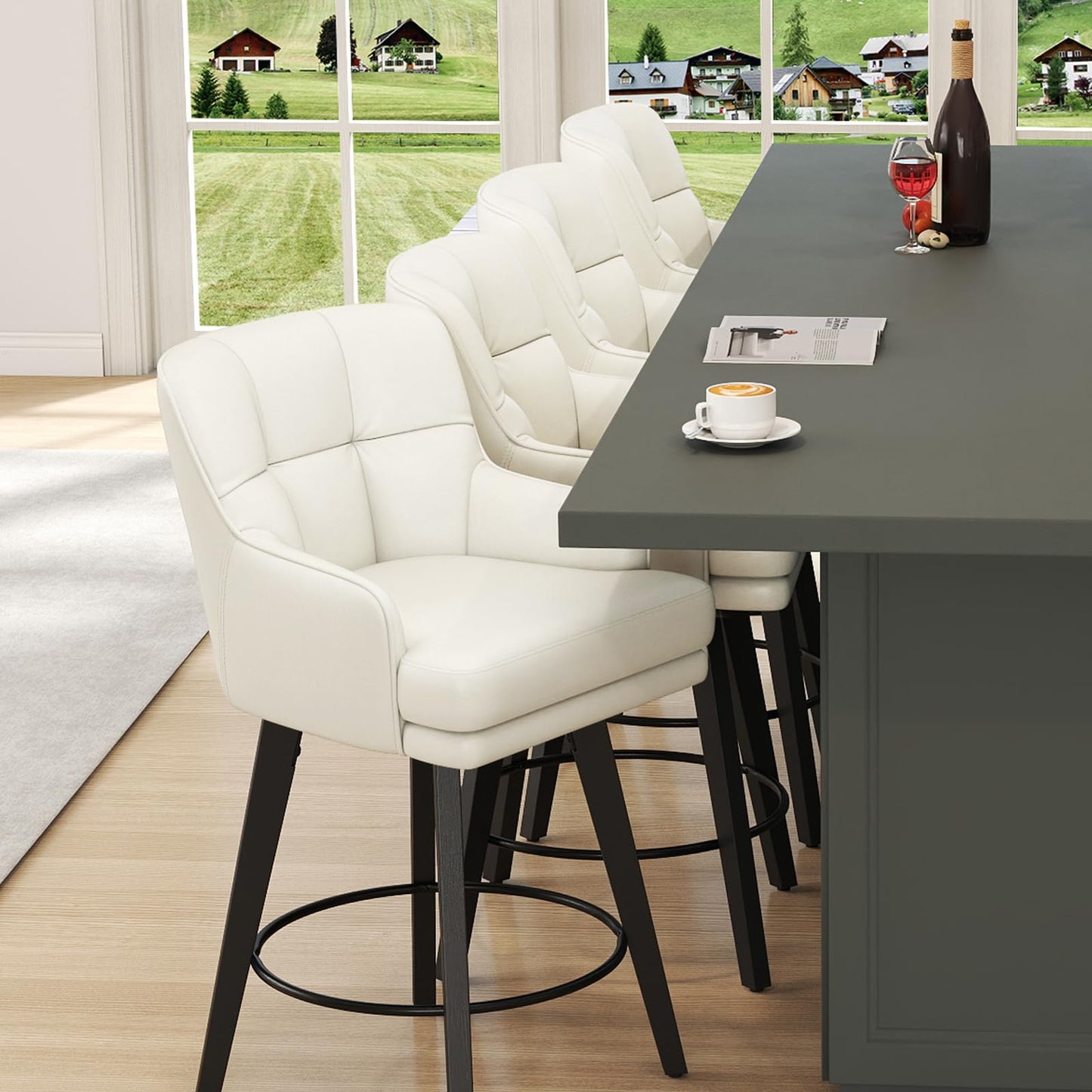 SAECKBERG 360°Swivel Counter Height Bar Stools with Back, 26 inch Solid Wood Legs, Bar Stool Modern Kitchen Island Chairs, Faux Leather (Antique White- Faux Leather, 26" H- Set of 4)