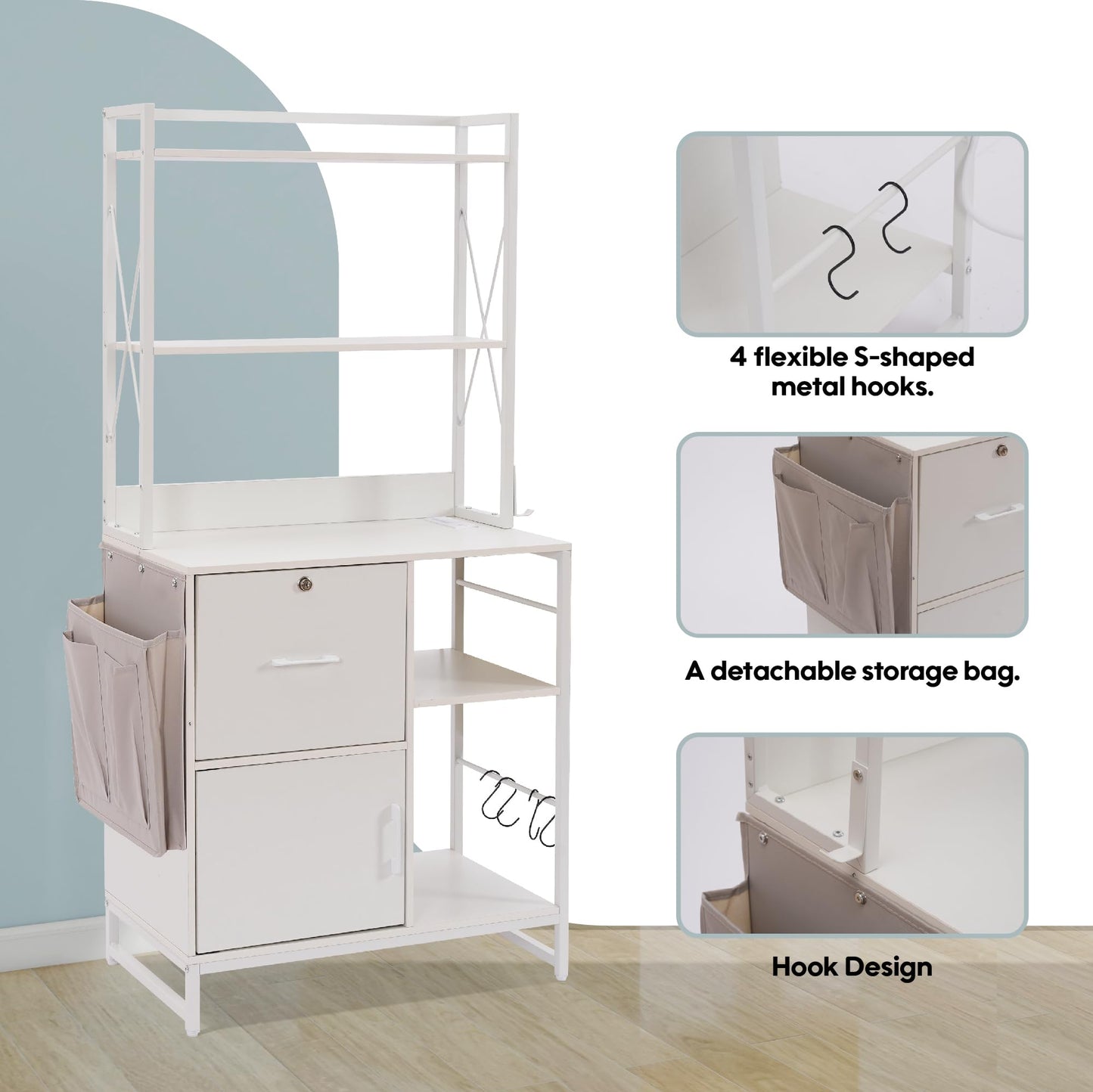 Zethvax Vertical File Cabinet,Filing Cabinet with Shelves,Charging Station,Hanging Pouch and Hooks,Vertical Filing Cabinet Fits Letter/A4/Legal Size (White)