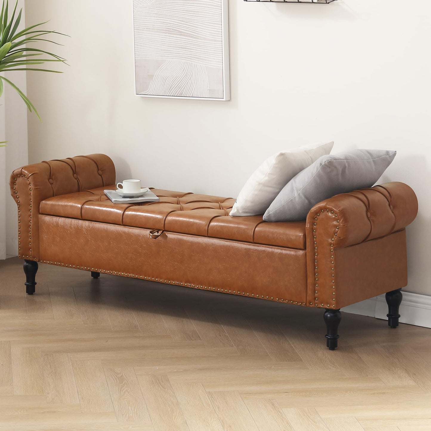 HOMYKA Faux Leather Storage Bench for Bed Room 67 Inch Upholstered Tufted Ottoman Bench with Arms King Size Large Storage Space End of Bed Benches for Bedroom Living Room Entryway Brown