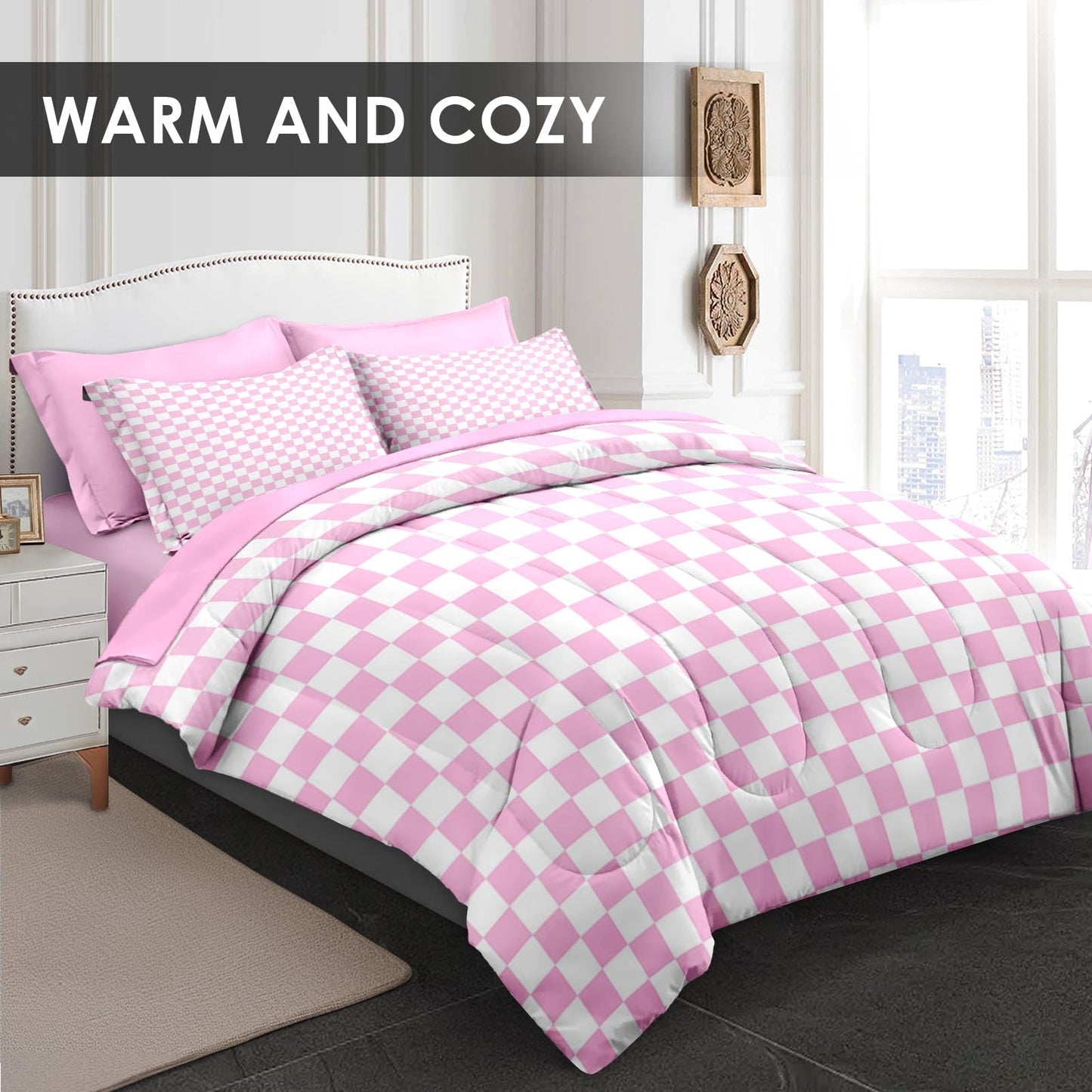 Plaid Checkerboard Grid Geometric Bean Pink Quilt Comforter Set 5 Pcs Twin Size, Checkered Modern Abstract Soft Bedding Set with Flat and Fitted Sheet Pillowcases Sham for Adults Bedroom Bed Decor