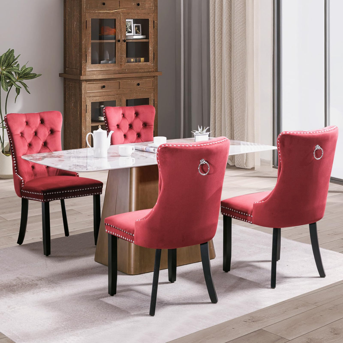 SoarFlash Velvet Dining Chair Set of 4, Upholstered Tufted Dining Room Chair with Nailhead Trim and Solid Wood Leg for Kitchen (Wine Red)