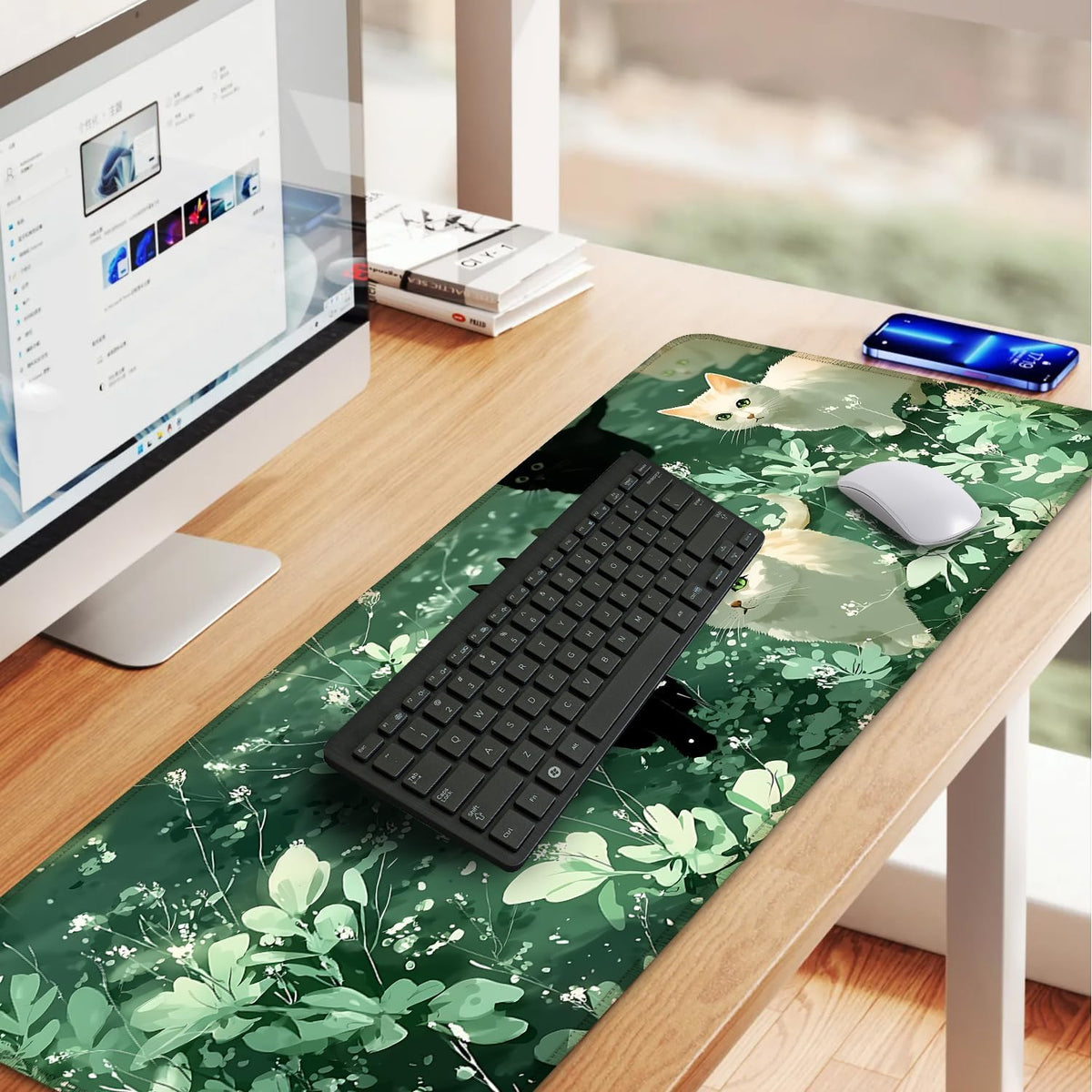 Cute Cat Mouse Pad Large Gaming Desk Mat - Kawaii Black and White Cats in Green Forest, Extended XL Mousepad with Non-Slip Rubber Base for Office, Home, PC, Laptop