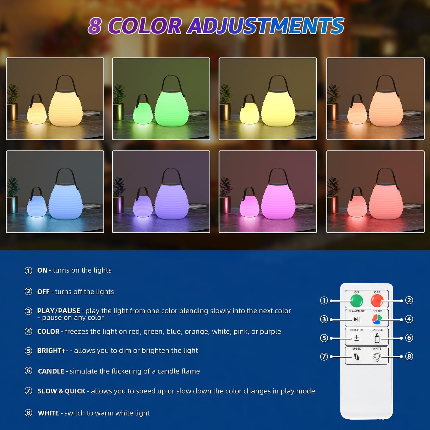 uuffoo 2 Pieces LED Rechargeable Solar Table Lamp Lantern LED Outdoor Cordless IP44 RGB and Warm White Dimmable for Patio Camping Restaurant Terrace