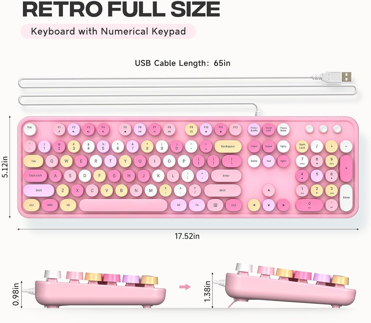 Dilter Wired Keyboard, 104 Keys Full-Sized Typewriter Keyboards, USB Plug and Play Office Keyboard with Number Pad, Caps Indicators, Foldable Stands for Windows, PC, Laptop (Pink Colorful)