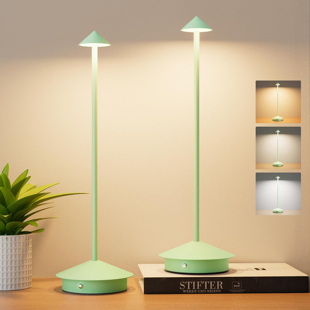 Cordless LED Table Lamps,Portable Battery Desk Lamp,2 Pack,Green
