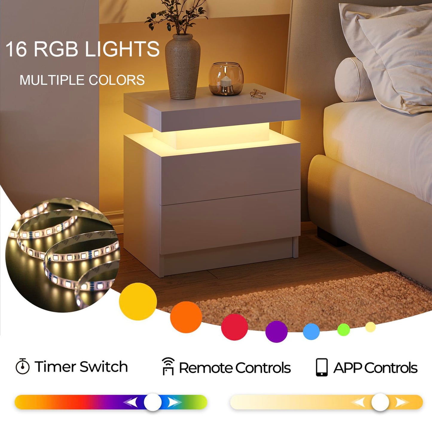 Cubehom Bedroom Night Stands White Nightstand Set of 2 LED Night Stand for Bedroom White Modern LED Bedside Table with 2 Drawers End Side Table