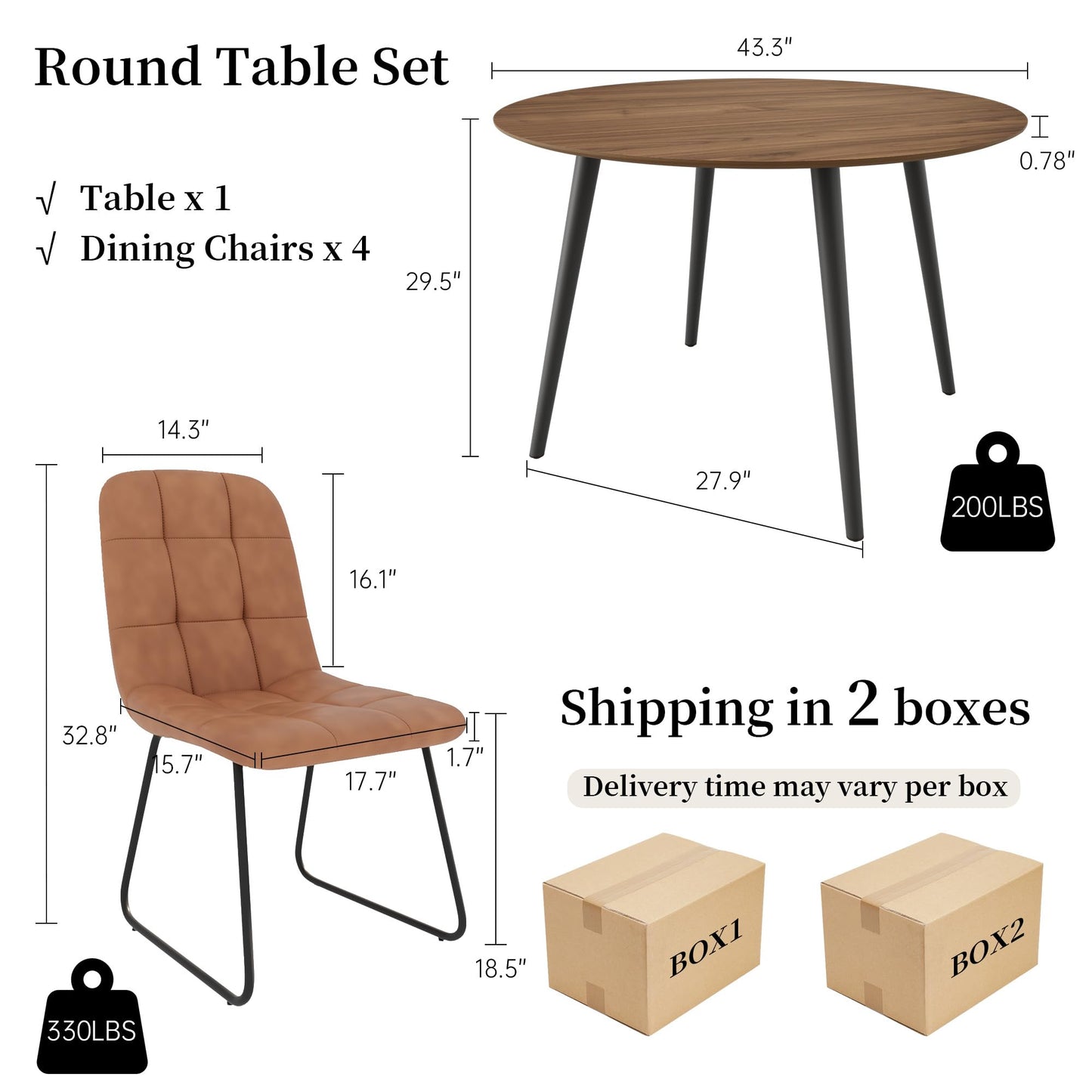 HIPIHOM 43.3 Inch Round Dining Table Set for 4, Modern Small Kitchen Coffee Set for Dining Room Kitchen Apartment (Walnut Table+4 U-Shaped Brown Chairs)