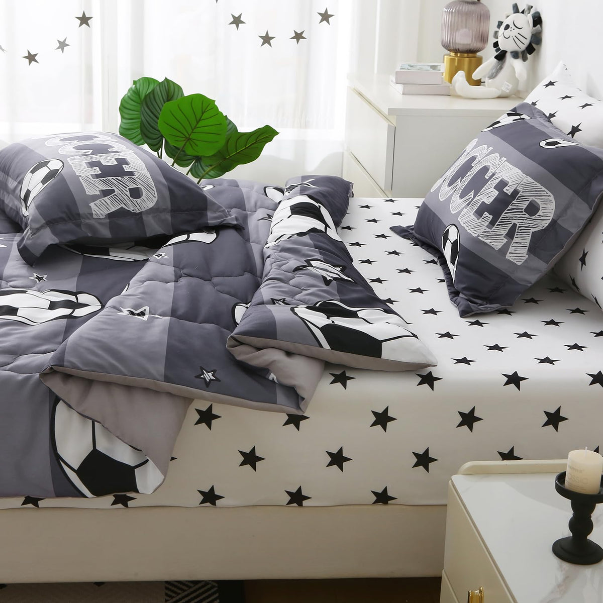 Gusuhome Boys Sports 7 Piece Soccer Comforter Set Twin Size 3D Football Playground Bedding Set for Kids Bed Set Gray(Comforter,Flat Sheet,Fitted Sheet and Pillow Sham)