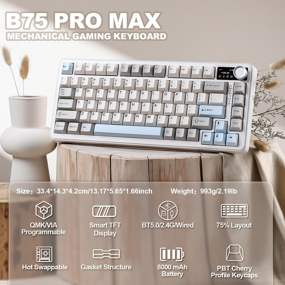 YUNZII B75 PRO MAX 75% Mechanical Keyboard (Beige, Cocoa-V2)
