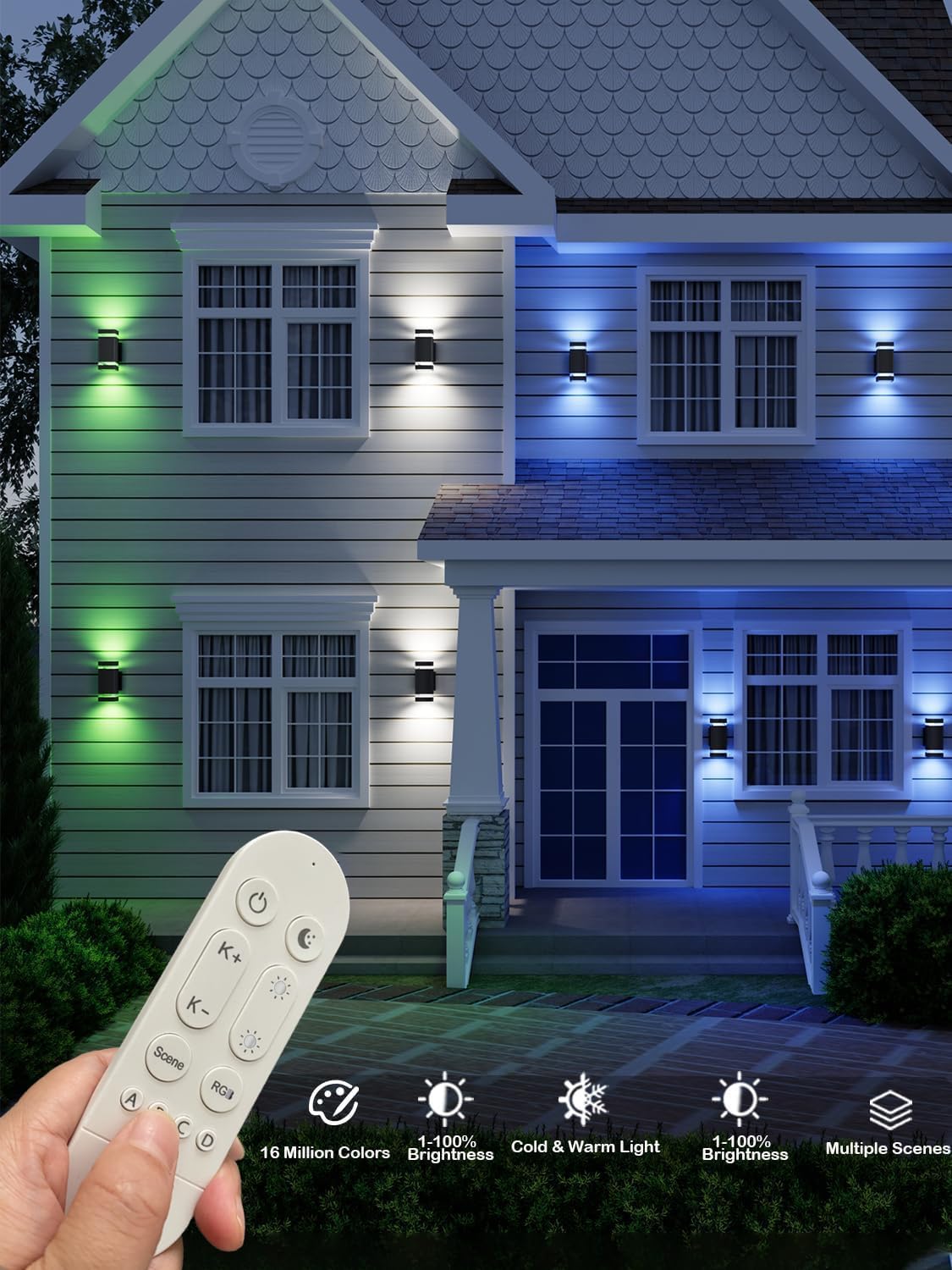 rosykite RGB+CCT Outdoor Wall Light 3 Pack, App Control Up Down Wall Sconce, Color Changing 2700K–6500K Exterior Lighting, Waterproof Aluminum LED Porch Lights for Garage Patio Front Door (3 Pack)